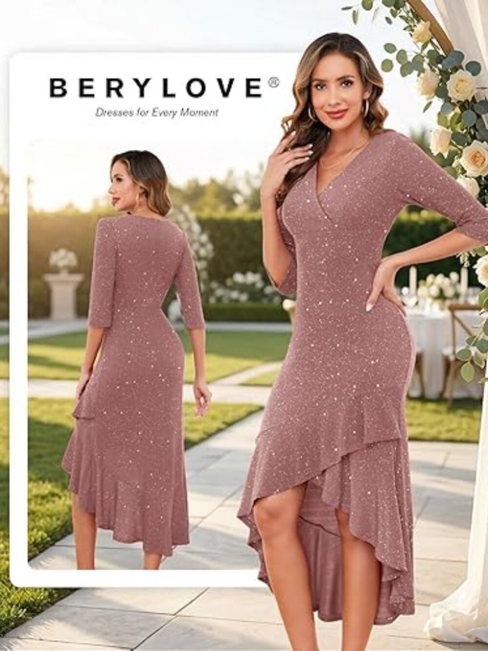 BeryLove Women's Blush Sequin Sparkly V-Neck Ruffle Hi Low Midi Dress Size-3XL